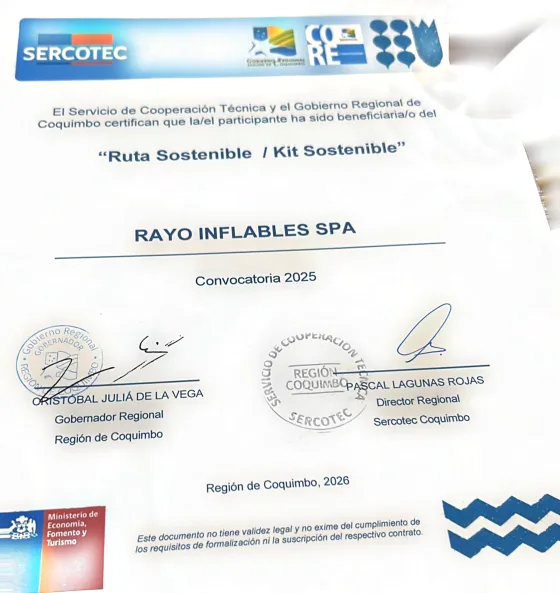 Certificado SERCOTEC y Gobierno Regional de Coquimbo: Rayo Inflables SpA, beneficiaria del programa Ruta Sostenible / Kit Sostenible 2025